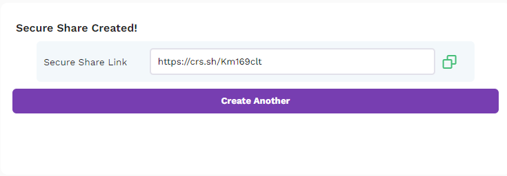 Screenshot showing a successfully created Secure Share with the generated link
