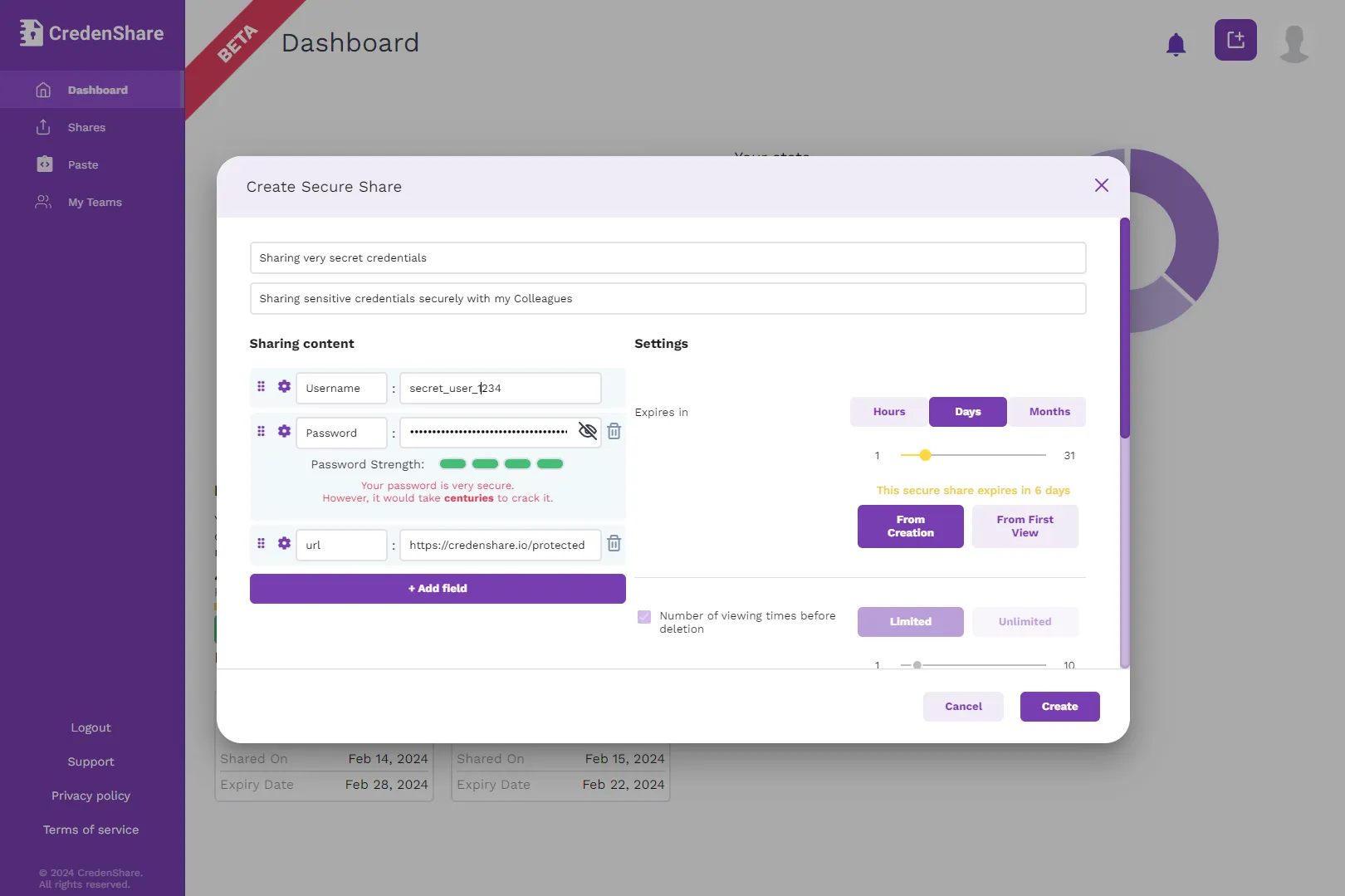 CredenShare Extended Sharing Settings Popup